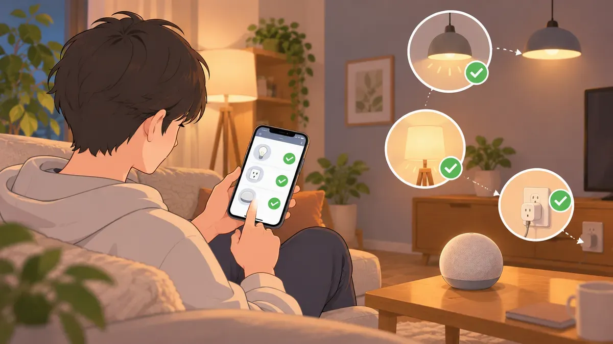 スマホアプリでスマート家電の接続を確かめる場面