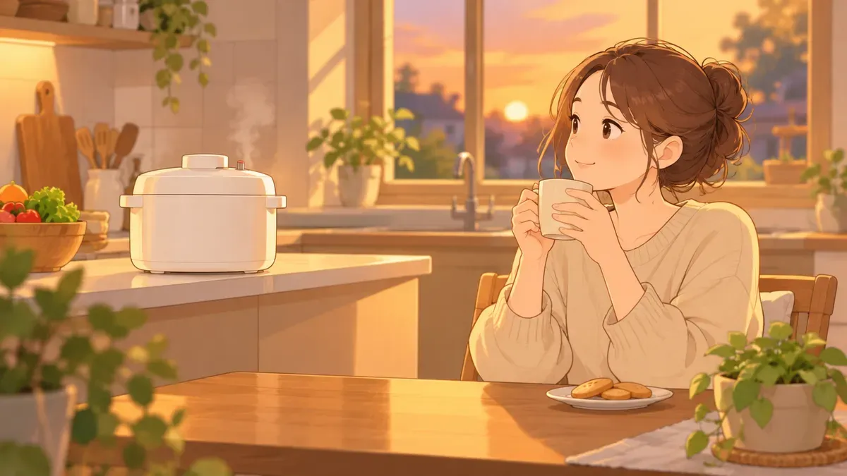 電気圧力鍋が冷めるのをお茶を飲みながら待つ人