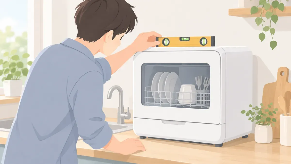 食洗機の置き方の傾きを確かめる場面