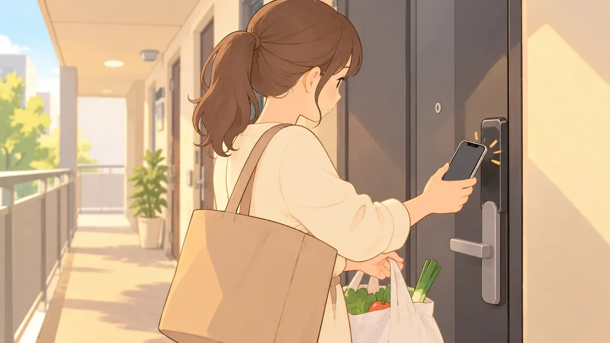 スマホをかざして玄関を開ける人