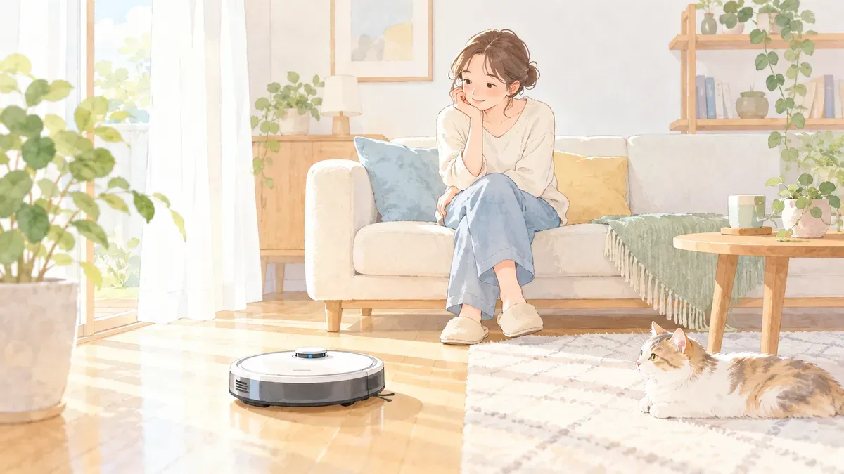 静かなリビングで、床を走るロボット掃除機の音に耳を傾ける人