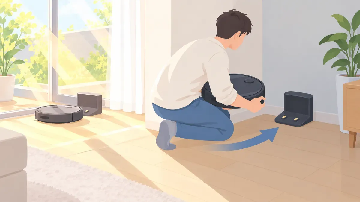 日当たりの強い窓際に置かれた充電台を涼しい場所へ移す場面