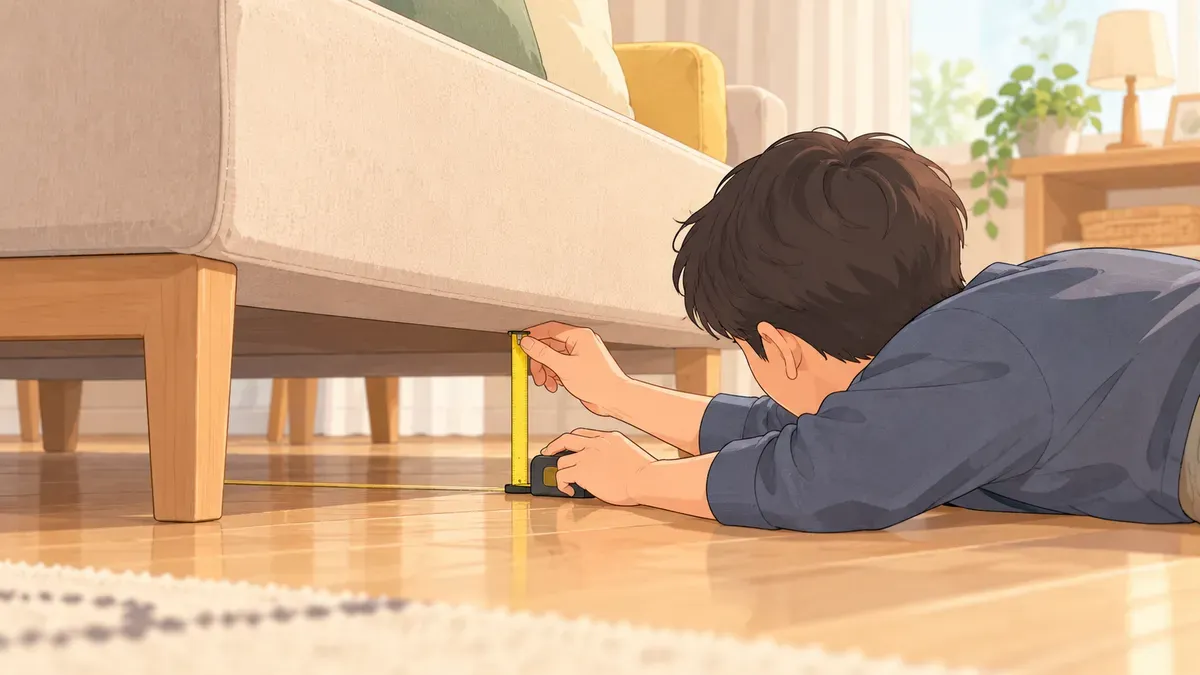 ソファの下の隙間を巻尺で測る人