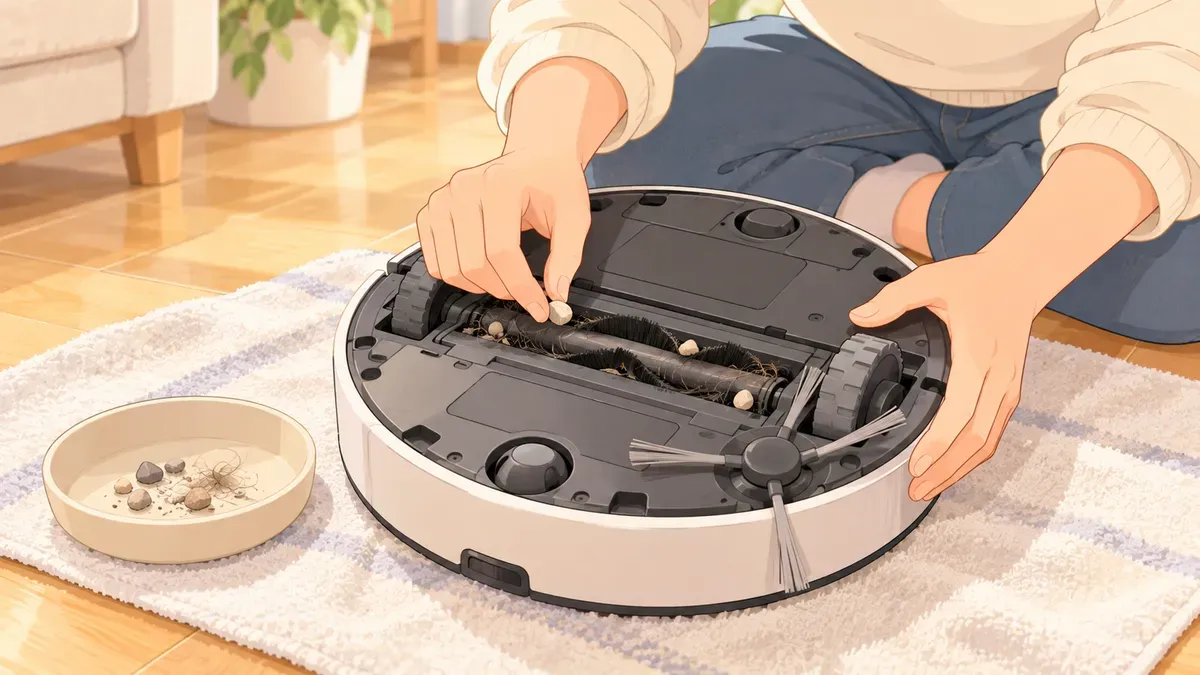 ロボット掃除機を裏返して車輪やブラシのゴミを取り除く人