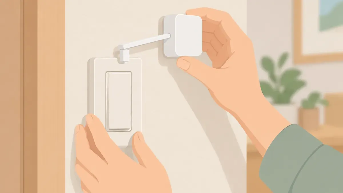 壁のスイッチに小さなボタン押し機器を貼る場面
